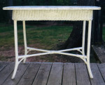 Old White Hand Woven Rolled Wicker Rectangular Sofa Table Wood Top