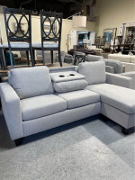 New Chaise Sofa with Drop-Down Table, Light Gray Boucle