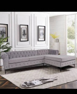 New Large Velvet Sectional Sofa with Chaise Lounge, Modern, Grey