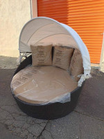 Wicker Rattan Outdoor Patio Retractable Canopy Round Sofa Daybed