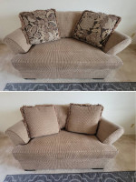 Sofa couch loveseat, solid-oak end cabinet, kitchen things