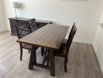 Sofa, Dining Table + Chairs, TV console fireplace