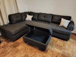 Brand New Ash Black Charcoal Color Linen Sectional Sofa +Storage Ottoman