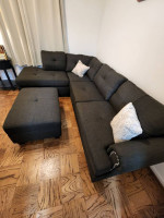Brand New Ash Black Charcoal Color Linen Sectional Sofa +Storage Ottoman