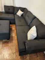 Brand New Ash Black Charcoal Color Linen Sectional Sofa +Storage Ottoman