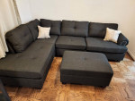 Brand New Ash Black Charcoal Color Linen Sectional Sofa +Storage Ottoman