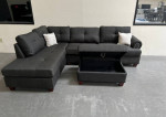Brand New Ash Black Charcoal Color Linen Sectional Sofa +Storage Ottoman