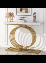 New White Faux Marble Console Table, Geometric Entryway Sofa Table wit