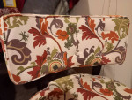 Comfort floral fabric club sofa chair w/brown finished wood