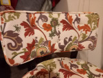 Comfort floral fabric club sofa chair w/brown finished wood