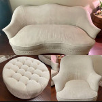 3 Piece A.R.T. Couch Set, Ivory Kidney Shape Sofa, Swivel Chair & Round Ottoman