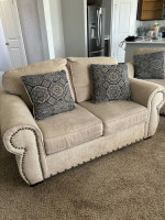 Like New Rolled Arm, Studded Jute Sofa & Love Seat