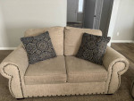 Like New Rolled Arm, Studded Jute Sofa & Love Seat