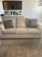 Like New Rolled Arm, Studded Jute Sofa & Love Seat