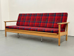 Swedish Sofa Mid Century Pine Frame Couch w Red Plaid Cushions