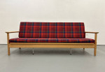 Swedish Sofa Mid Century Pine Frame Couch w Red Plaid Cushions