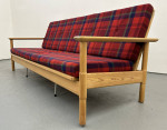 Swedish Sofa Mid Century Pine Frame Couch w Red Plaid Cushions