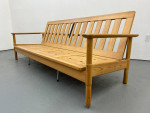 Swedish Sofa Mid Century Pine Frame Couch w Red Plaid Cushions