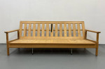 Swedish Sofa Mid Century Pine Frame Couch w Red Plaid Cushions