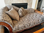 Sofa, Lounge Couch, Brocade Material, Ornate wood arm & base edging.