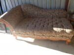 Sofa, Lounge Couch, Brocade Material, Ornate wood arm & base edging.