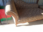 Sofa, Lounge Couch, Brocade Material, Ornate wood arm & base edging.