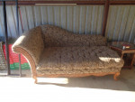 Sofa, Lounge Couch, Brocade Material, Ornate wood arm & base edging.