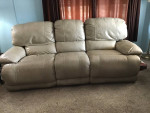 7 Foot Beige Leather Double Recliner Sofa