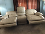 7 Foot Beige Leather Double Recliner Sofa