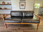 West Elm Mid-Century Leather Show Wood Sofa