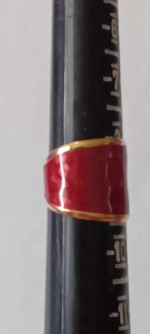 14k yellow Gold and red swirl enamel ring
