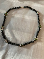 Cloisonné and onyx necklace, 14k clasp