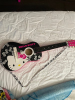 Cute Hello Kitty Acoustic Guitar Pink and Black, With Strap, One String Broken