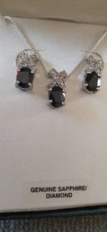 Sterling Silver Genuine Sapphire And Diamond Necklace And Earring Set