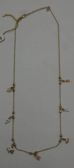 14KT YELLOW GOLD NECKLACE WITH CHARMS ELEPHANT. EYE, FLOWER , HORSESHO