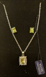 NEW Sterling GREEN & CLEAR Cubic Zirconia Earrings and Necklace SET