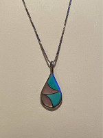 Zuni Inlay Teardrop Pendant with 24" Sterling Silver Box Necklace