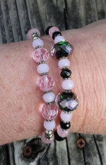 New OOAK Bracelets Stack Pink & Black Rose Inside Bead Silver Metal