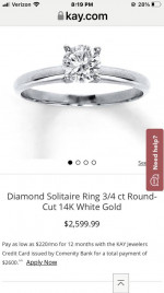 Kay’s .70 carat round diamond solitaire ring 14K white gold