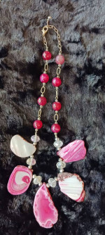 AGATE SLICED RUBY QUARTZ BEADED 5 STONE NECKLACE, UNIQUE, GEMSTONE -See pictures