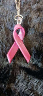 PINK RIBBON NECKLACE - BREAST CANCER AWARENESS, GLASS PENDANT, SILVER TONE CHAIN