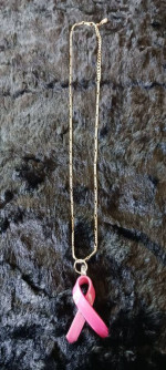 PINK RIBBON NECKLACE - BREAST CANCER AWARENESS, GLASS PENDANT, SILVER TONE CHAIN