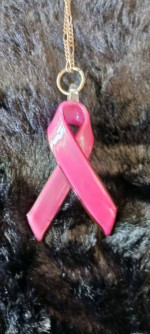 PINK RIBBON NECKLACE - BREAST CANCER AWARENESS, GLASS PENDANT, SILVER TONE CHAIN