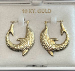 10K Yellow Gold - Dolphin Hoop Earrings ~ Large Size~Diamond Cut. New in Box.