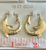 10K Yellow Gold - Dolphin Hoop Earrings ~ Large Size~Diamond Cut. New in Box.