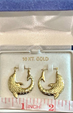 10K Yellow Gold - Dolphin Hoop Earrings ~ Large Size~Diamond Cut. New in Box.