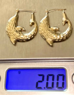 10K Yellow Gold - Dolphin Hoop Earrings ~ Large Size~Diamond Cut. New in Box.