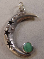 Crescent Moon Silver Pendant/Green Malachite Stone Handmade