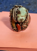 Antique Bear Claw-Turquoise- Coral Navajo Sterling Silver Ring