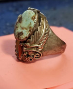 Antique Bear Claw-Turquoise- Coral Navajo Sterling Silver Ring